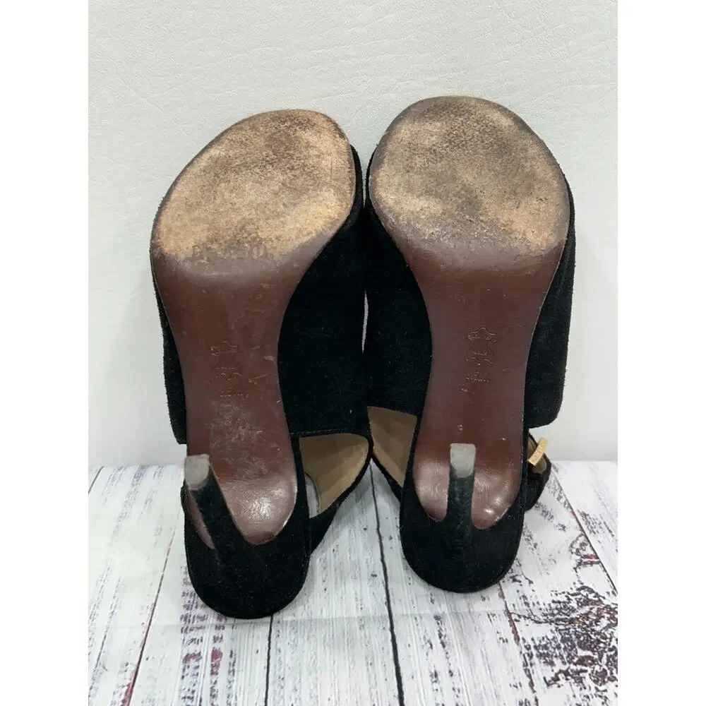 Tory Burch Women's Black Leather Brittania Peep Toe Suede Bootie Size 8.5M